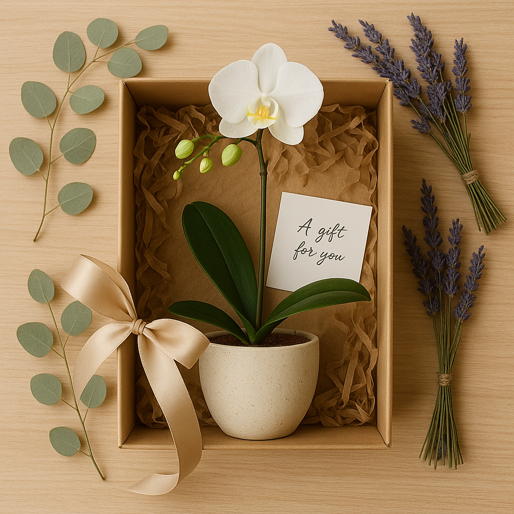 A gift box containing a potted orchid, tied with a ribbon, along with a handwritten note, surrounded by eucalyptus sprigs and lavender bunches for a fragrant unboxing experience.
